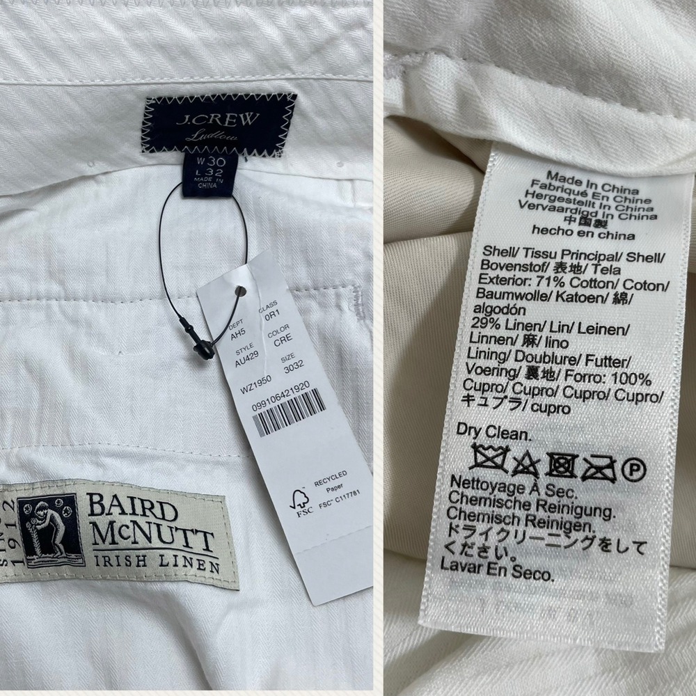 J.Crew Ludlow Slim Pants Baird McNutt Irish Linen Cotton Cream 30x32 New *READ* - Picture 4 of 9